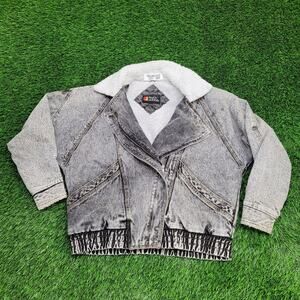 Vintage 80s Biker Denim Jacket Womens M/L 23x25 Sherpa-Lined